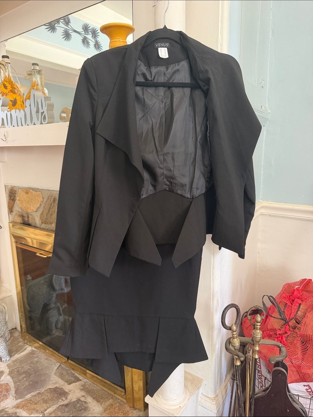 VENUS Black Draped Open-Front Peplum Blazer and Matching Skirt